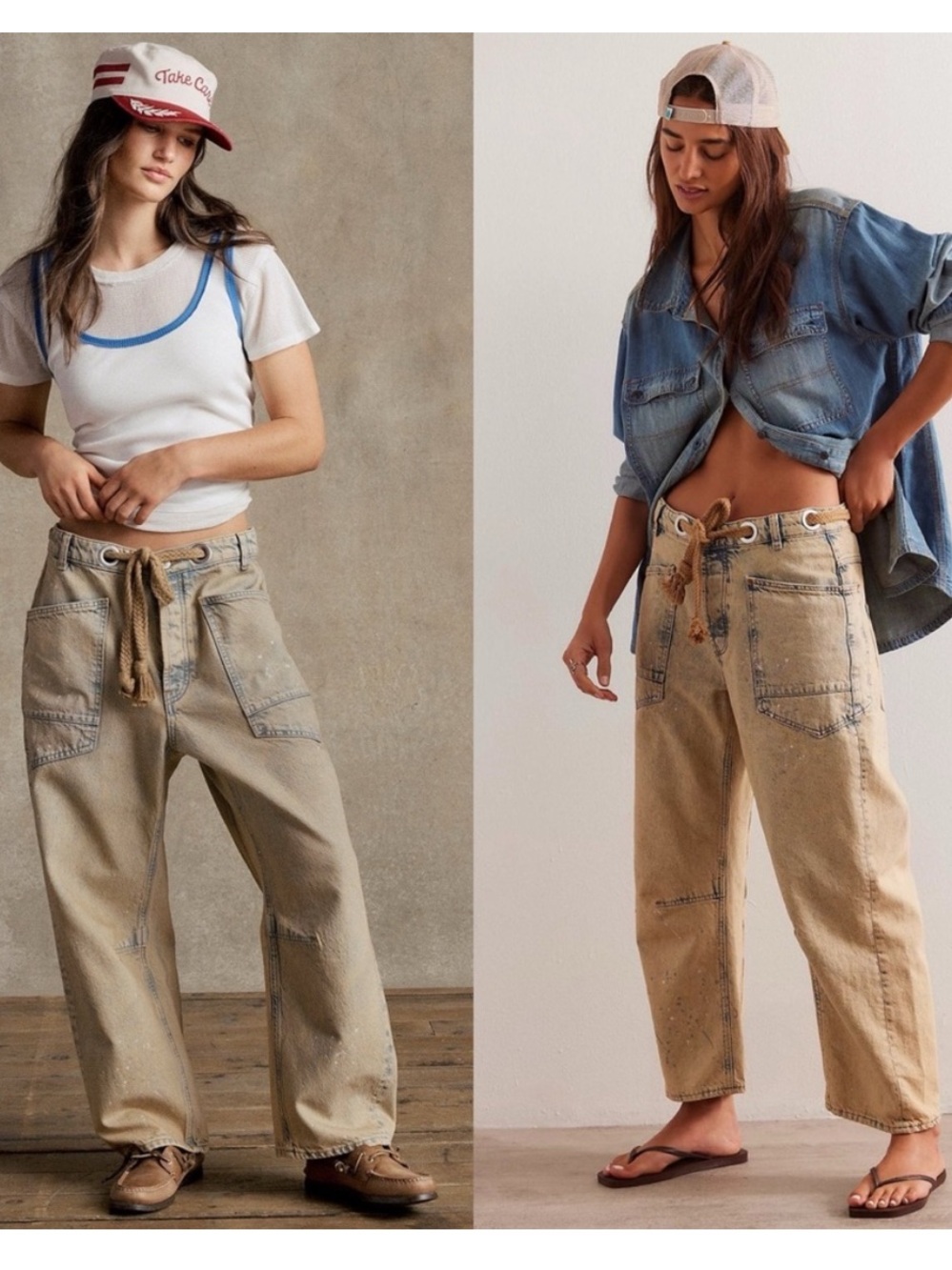 Free People We The Free Moxie Pull-On Barrel Jeans in Cowboy Khaki